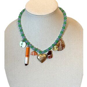 Handcrafted Boho Beaded Necklace With Fruit photo Heart Teacup & Scallop Charms‎